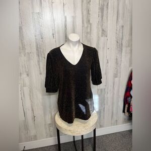 JW Collection Black & Gold Shimmer V-Neck Top Medium Short Sleeve Sparkle Blouse